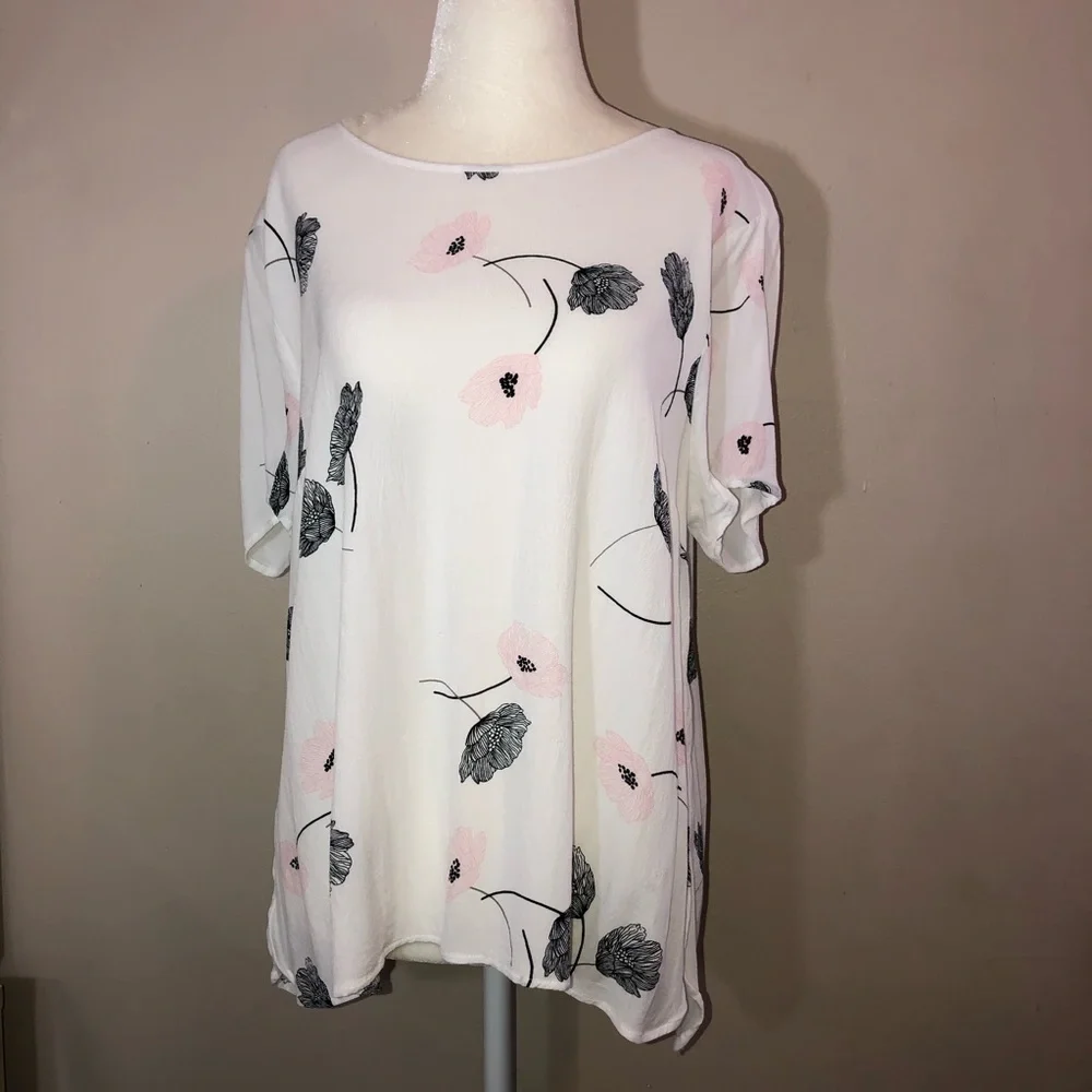 PALE SKY White Poppy Floral Print Short Sleeve Blouse Sz XL - Picture 2 of 11